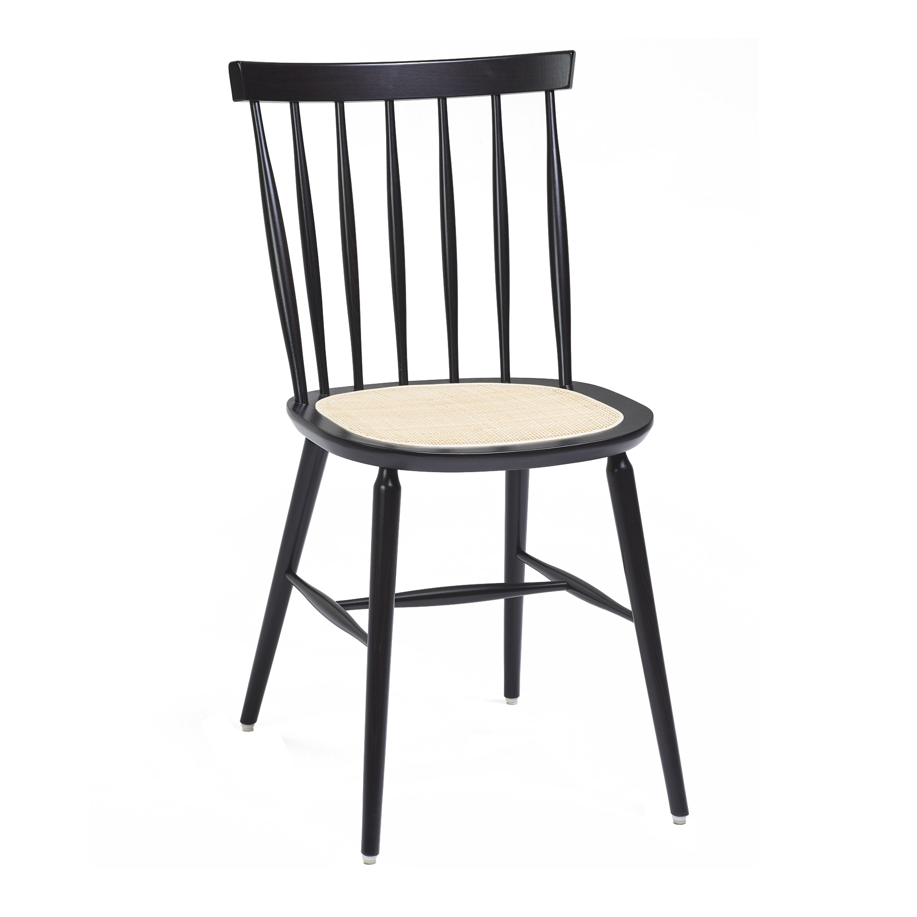 Vertical slat back chair with woven seat