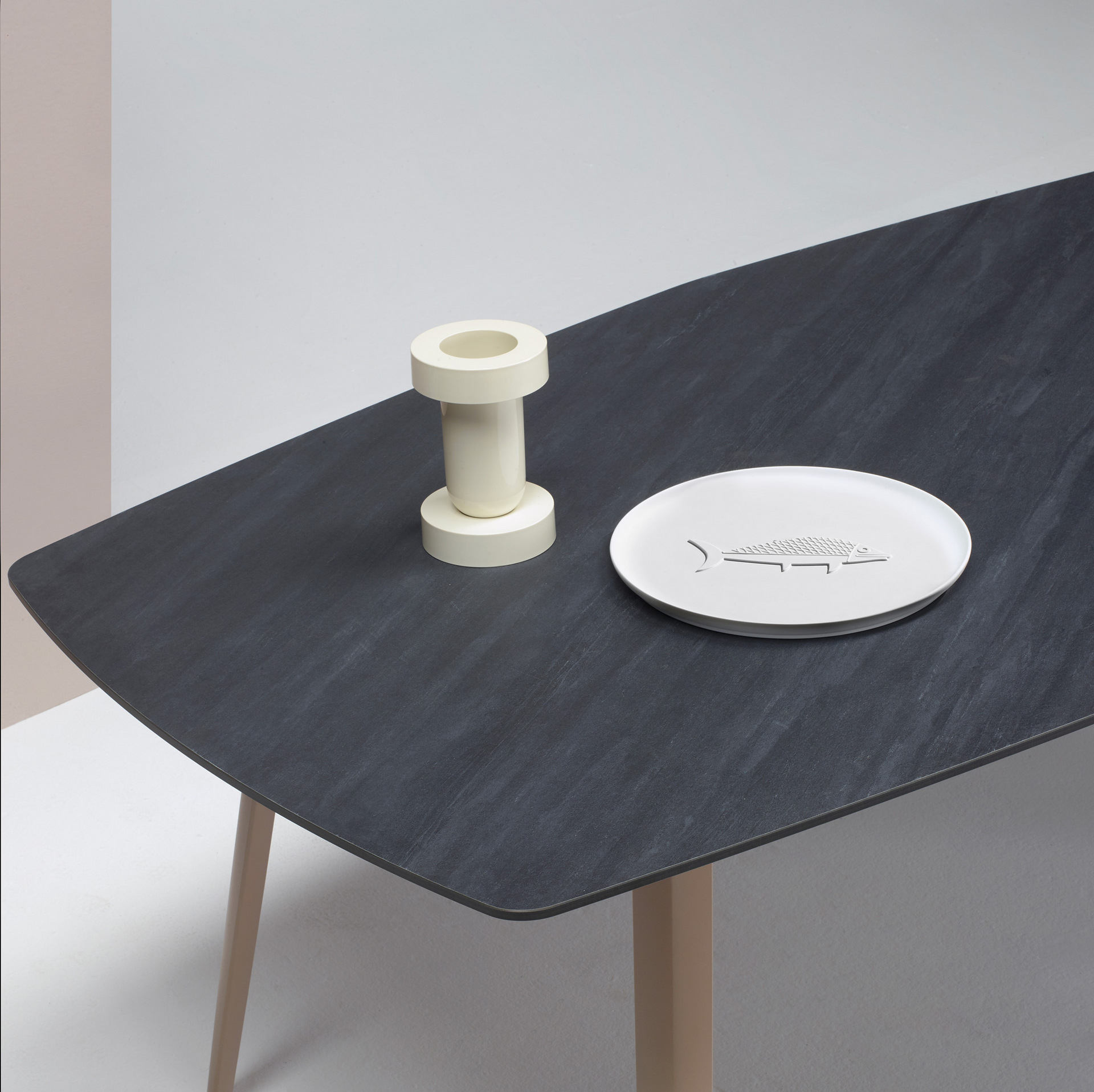 Die-cast aluminum table with a hexagonal 118x51" compact laminate top Squid 2437