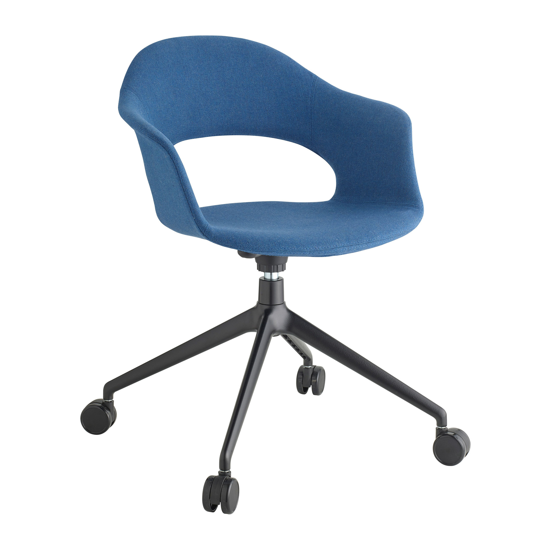 Upholstered revolving armchair with castors