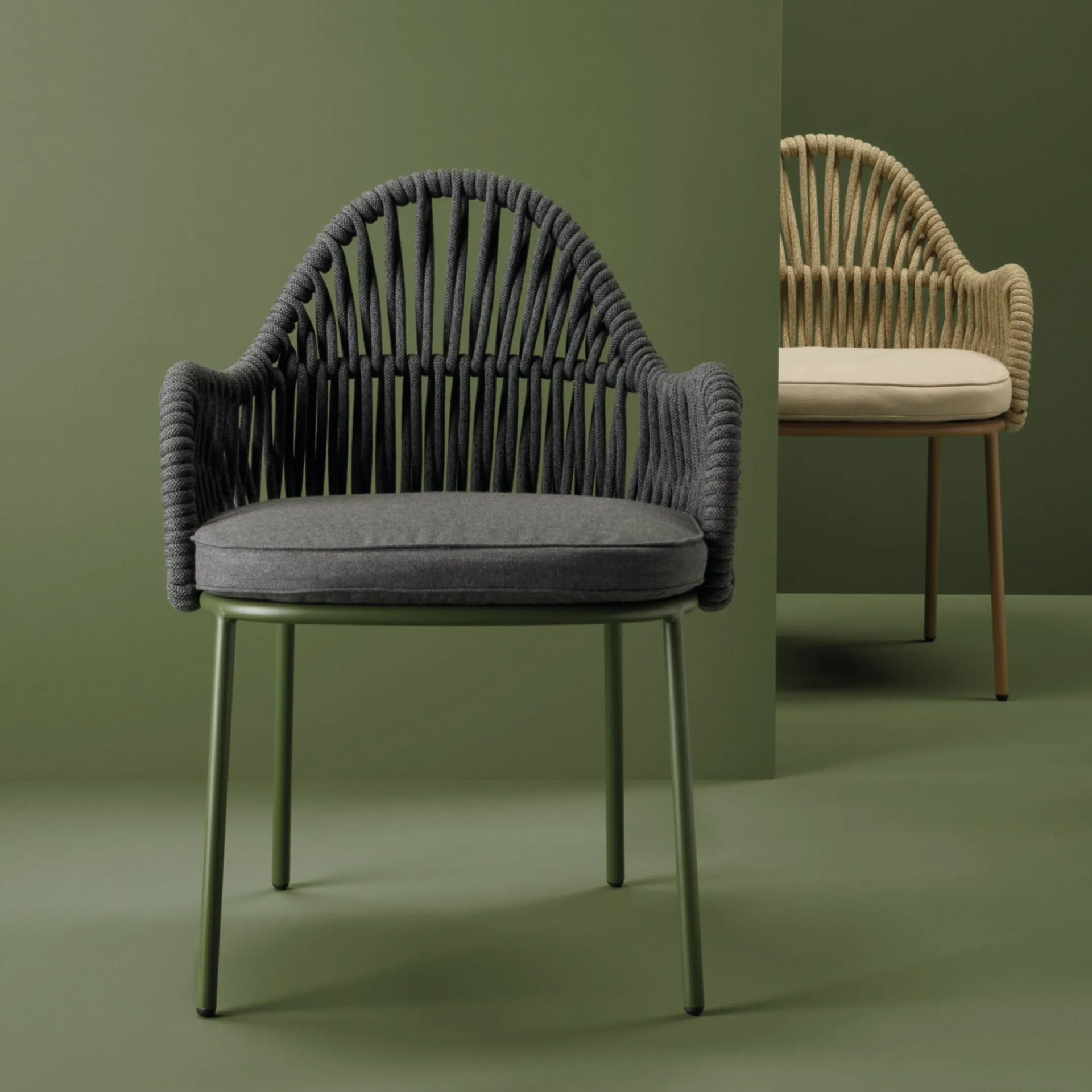 Outdoor steel armchair with nautical rope back B-Malvasia Riviera
