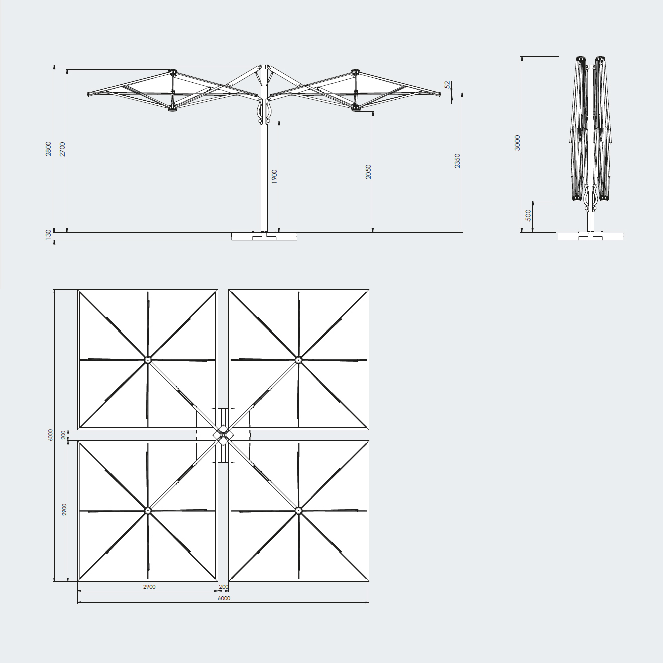 16'5"x16'5" Four-canopy retractable cantilever umbrella Quattro