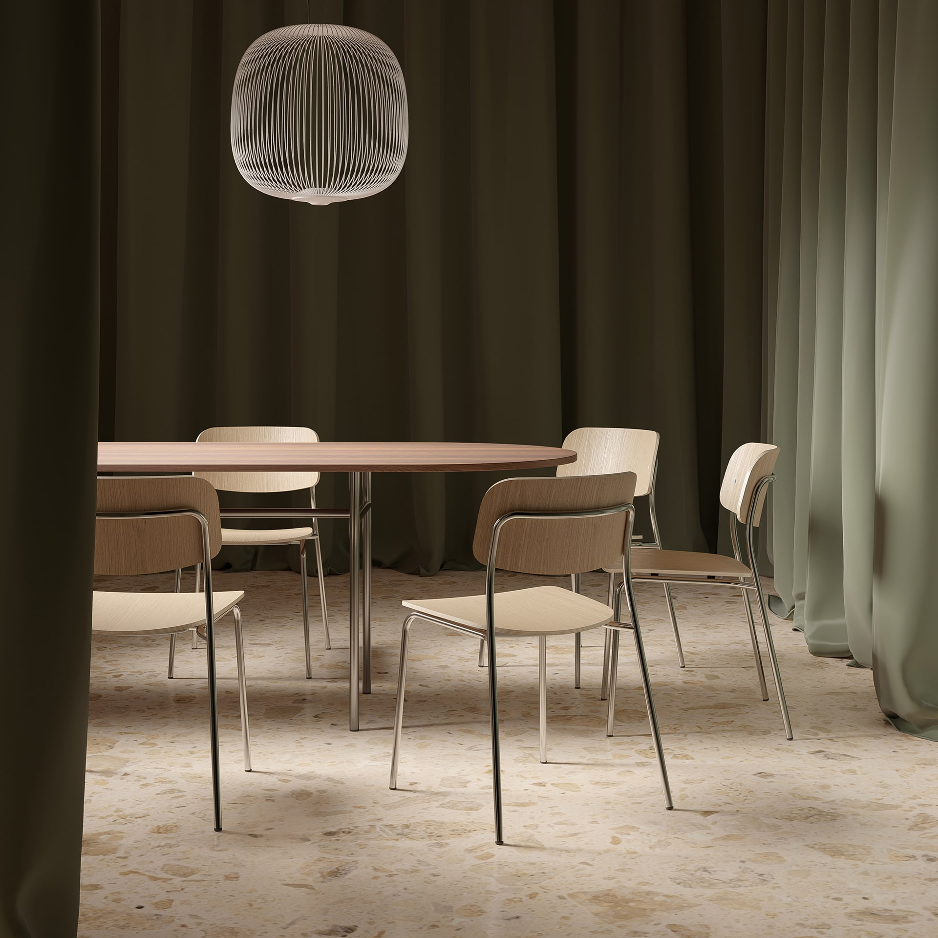Metal frame chair with a seat and backrest in curved plywood A-Daily
