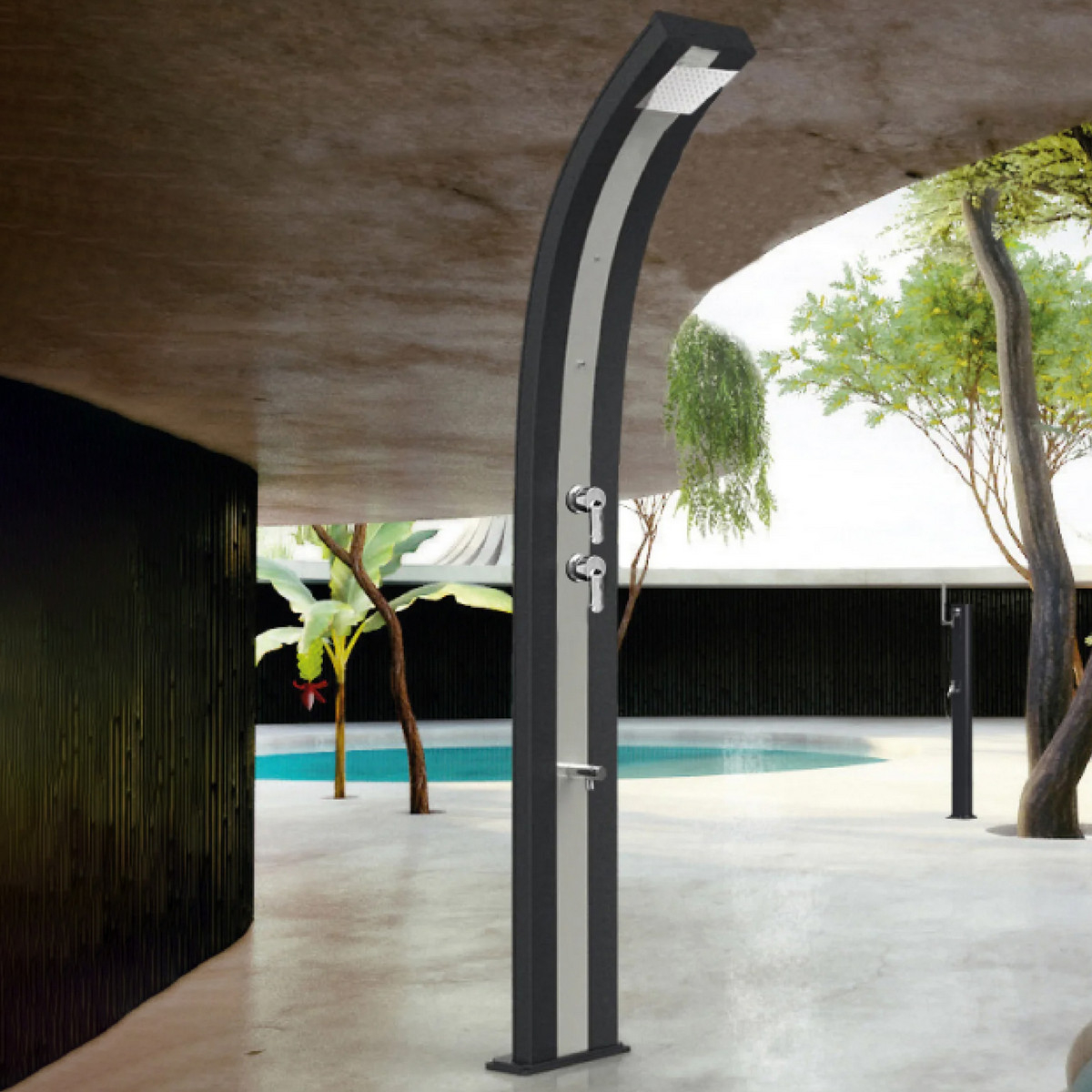 Aluminum solar shower with temporized footwasher and nebulizers Dada D350
