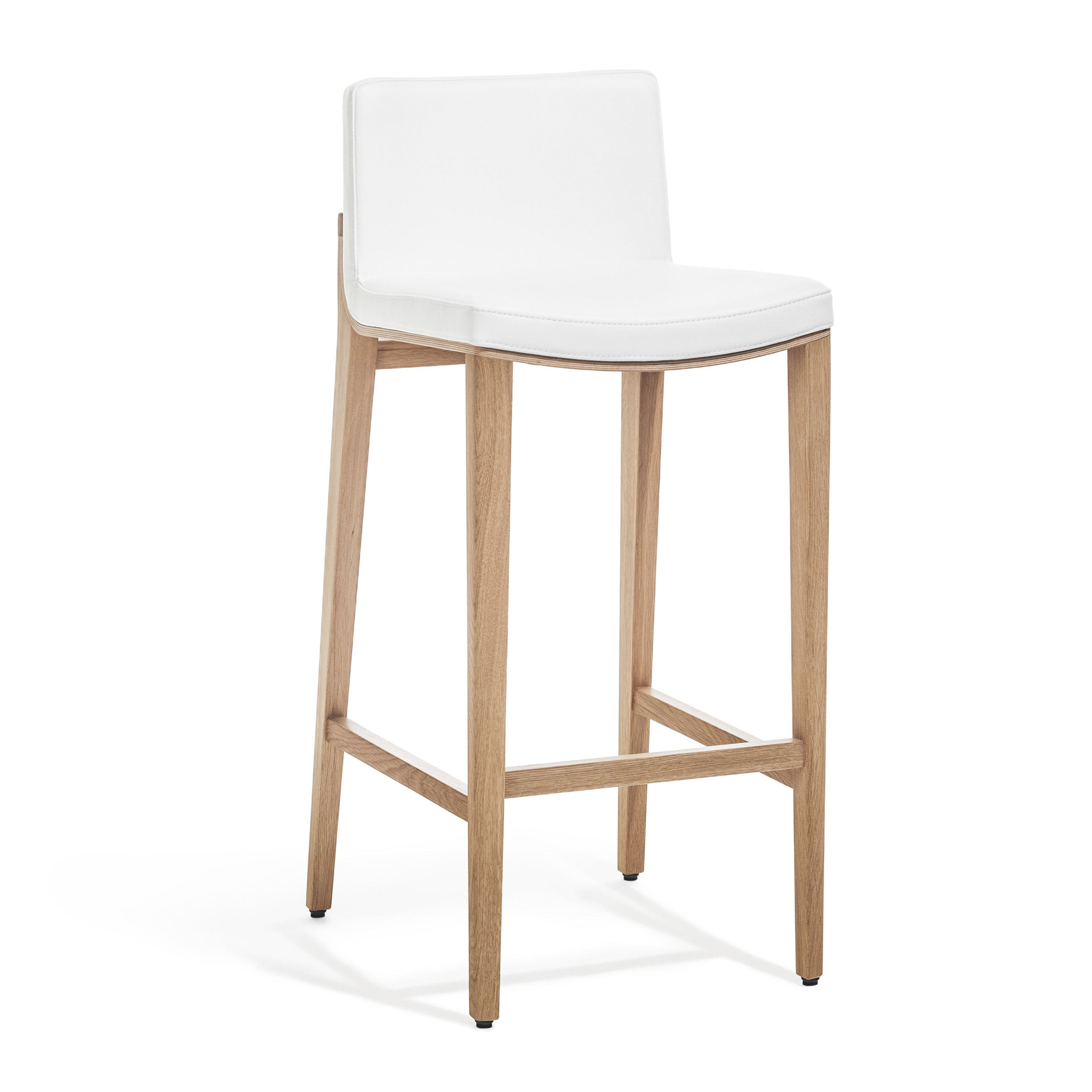 Upholstered bar stool with wooden legs